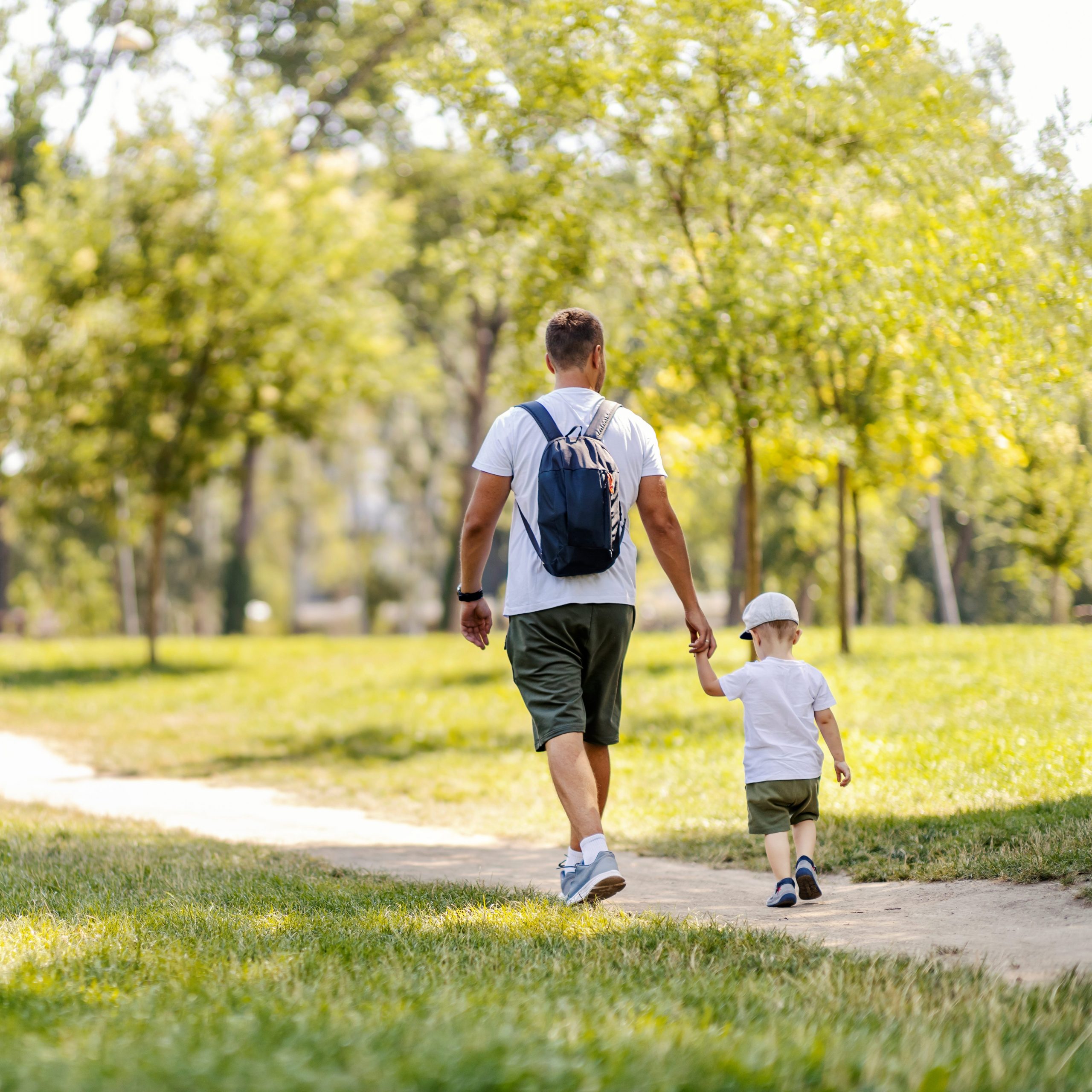A father and son are walking through the forest on a sunny summer day. 
