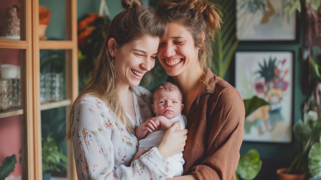Portrait of happy female Gay couple with baby at home. Concept of lgbt people, lesbian marriage and adoption, homosexual family. Two Caucasian weman with a child