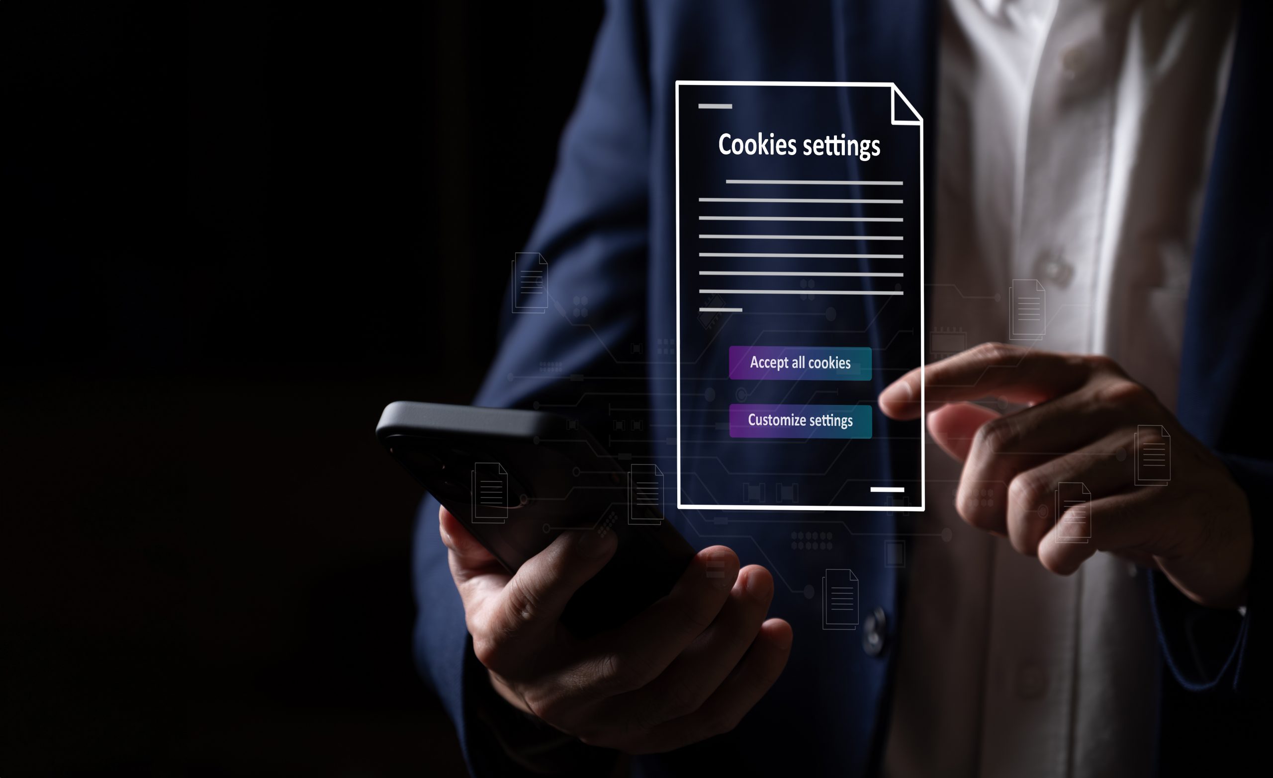 A man holding a mobile phone with a 3D screen showing Accept All Cookies