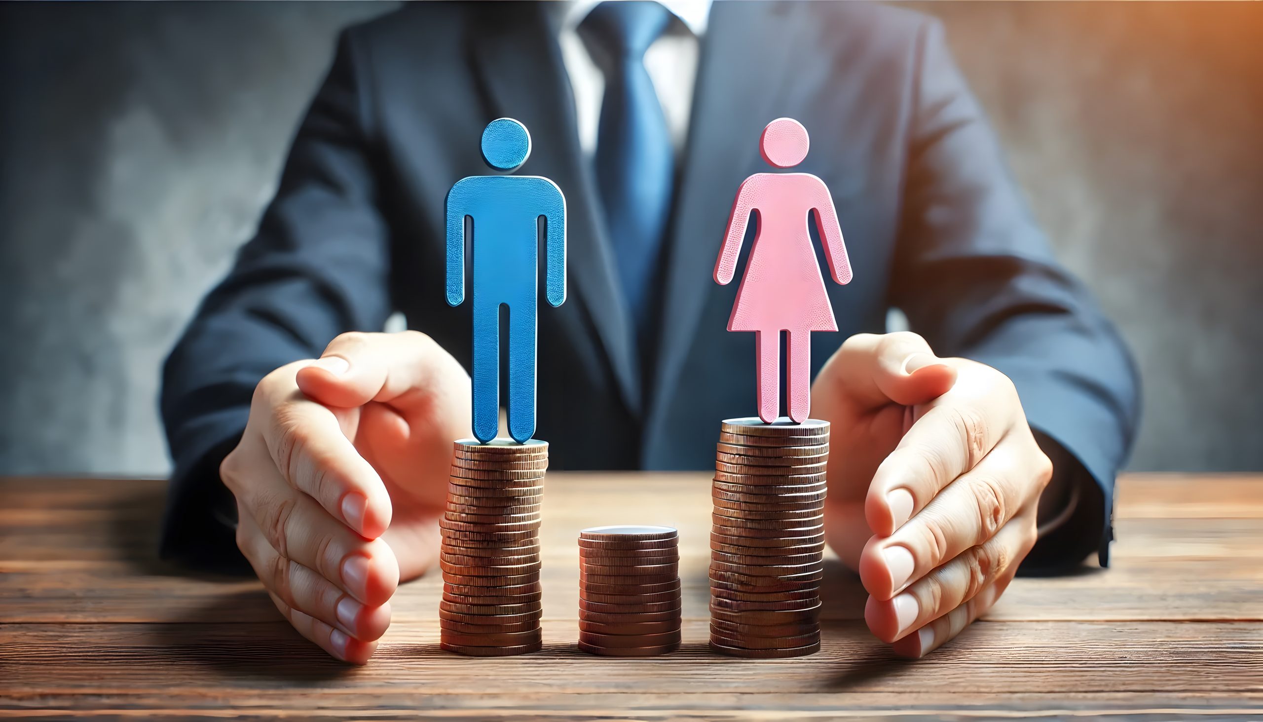 A man with a stacked coins with male and female on each stack showing equal pay