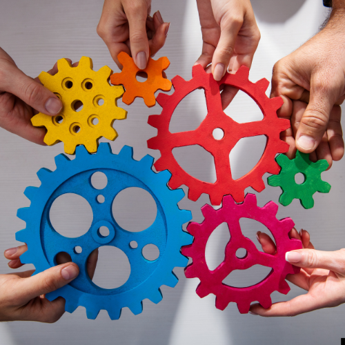 different colour cogs held by people